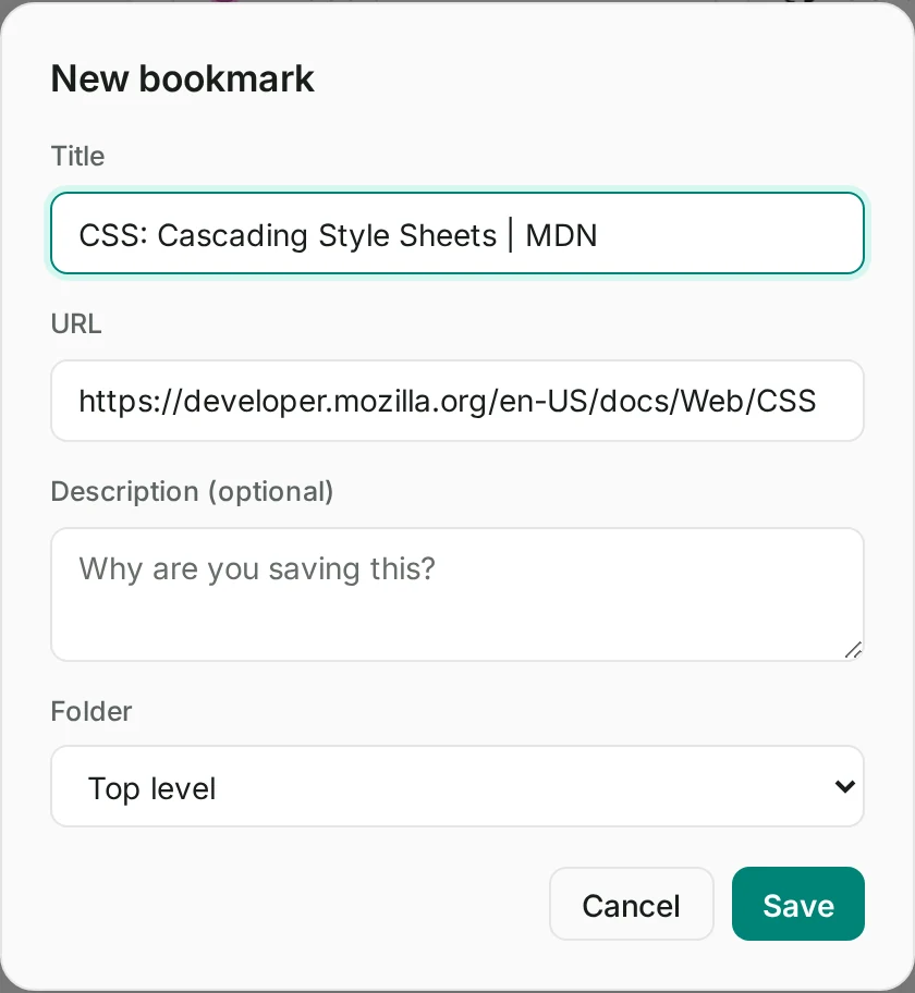 A New bookmark dialog with the page's title and web address already filled in, and a folder to drop it into.