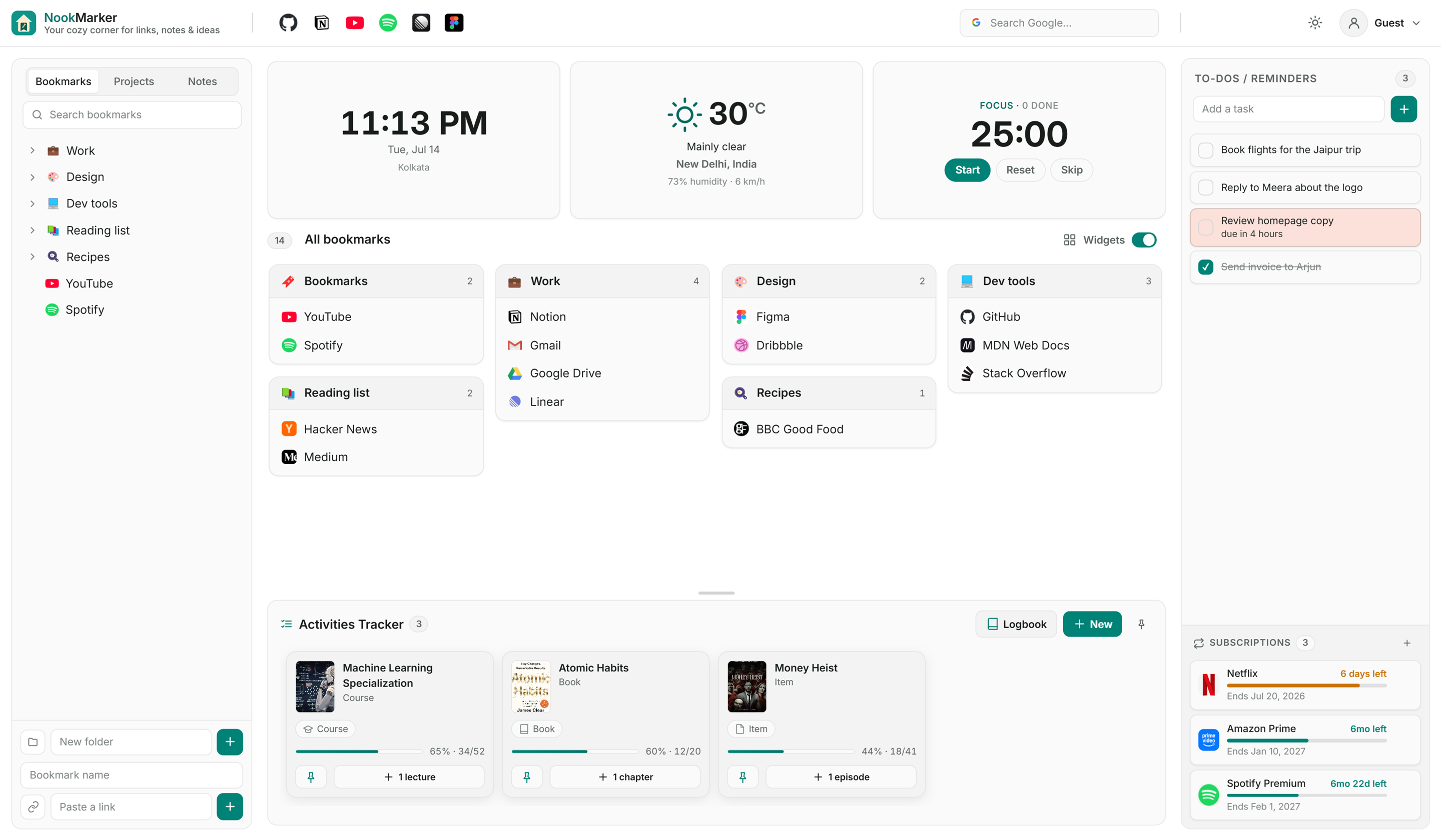 The NookMarker home tab: bookmark folders in a sidebar, a clock, weather and pomodoro widget row, folder cards with real site icons, and a to-do list pane.