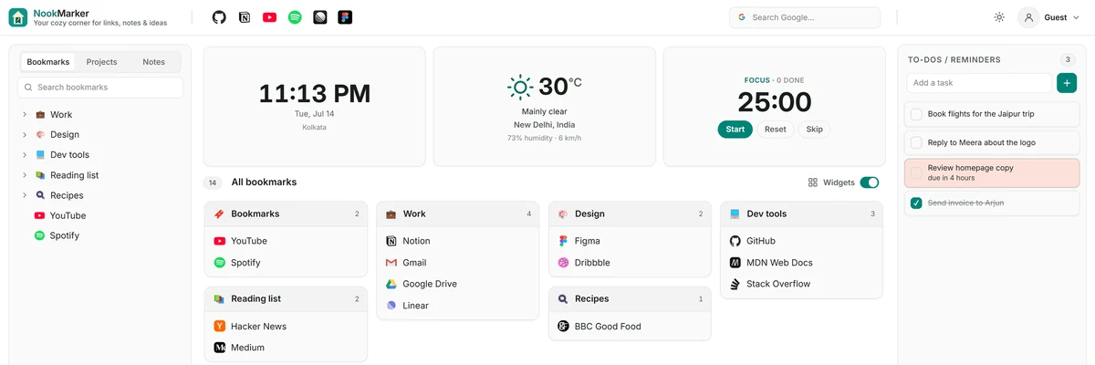 The NookMarker home tab in light mode.